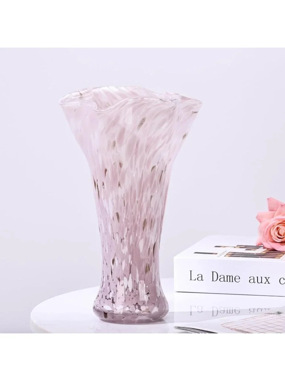 9.0 Pink Glass Vases For Flower Bouquet Unique Hand Blown Wide Mouth Shelf Deco